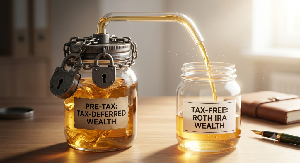 Wealth moving carefully from a locked pre-tax jar into a brightly lit tax-free jar, representing a proactive Roth Conversion strategy for retirees.