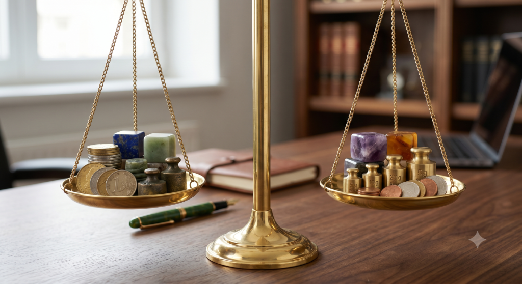 A traditional, polished brass scale perfectly balanced with different colored coins, blocks, or weights on each side, set against a clean, professional background to illustrate portfolio rebalancing.