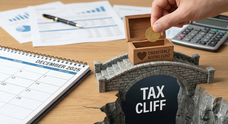 Stone bridge connecting two cliffs symbolizing a proactive charitable giving strategy to navigate the 2026 tax cliff.