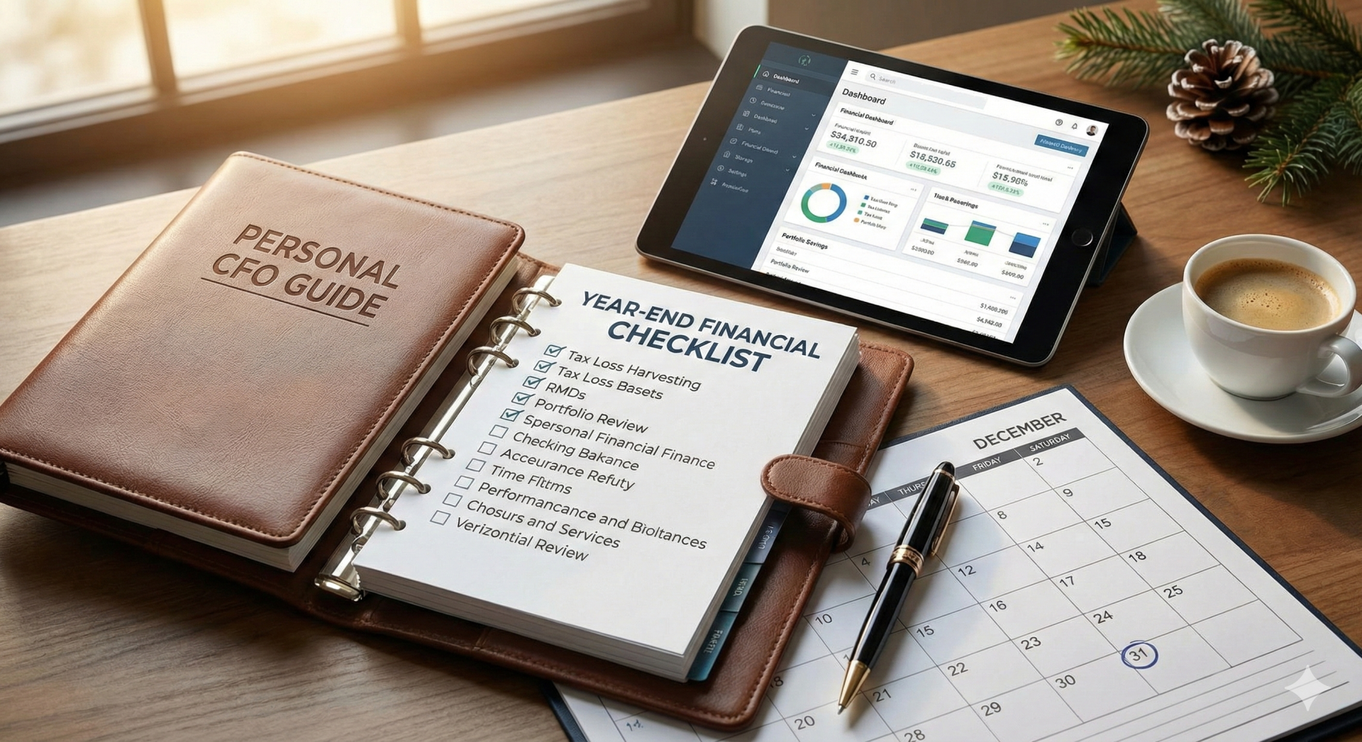 Open planner notebook and tablet on a desk displaying a year-end financial checklist for retirement planning.