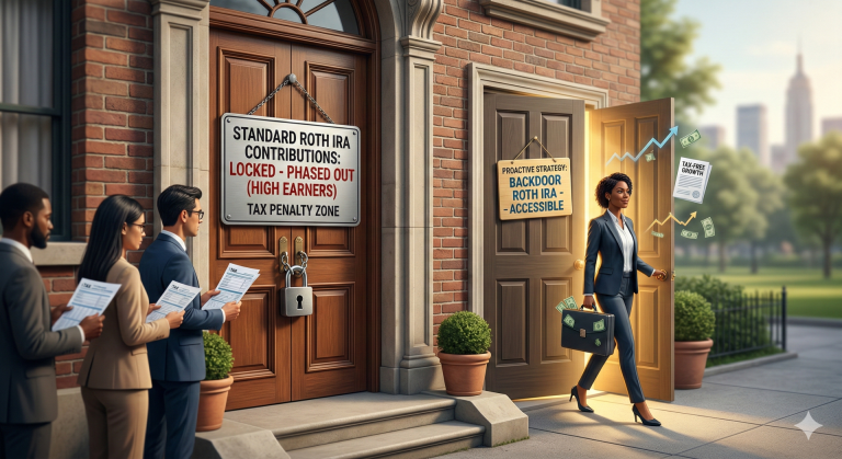 A locked front door next to an open backdoor, representing the Backdoor Roth IRA and tax strategies for high earners escaping phase-out limits.
