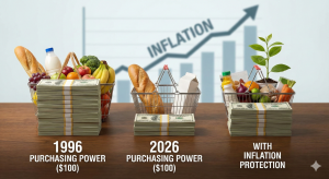 Chart illustrating the silent thief of inflation and the importance of retirement inflation protection over a 30-year horizon.