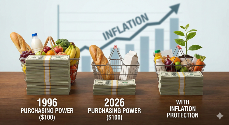 Chart illustrating the silent thief of inflation and the importance of retirement inflation protection over a 30-year horizon.