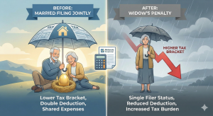 A 3D illustration showing two overlapping umbrellas protecting against a rainstorm of tax documents, compared side-by-side with a single umbrella that fails to stop the downpour, illustrating the increased tax exposure caused by the widow's penalty in retirement.