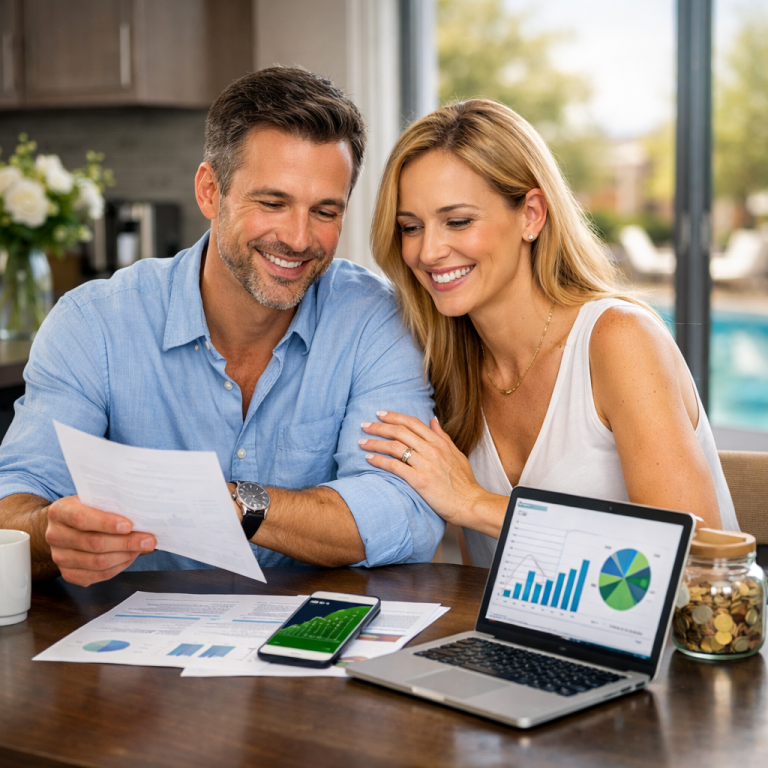 A high-earning couple confidently reviewing their finances at the kitchen table, representing the peace of mind that comes with automated wealth building and escaping lifestyle creep.