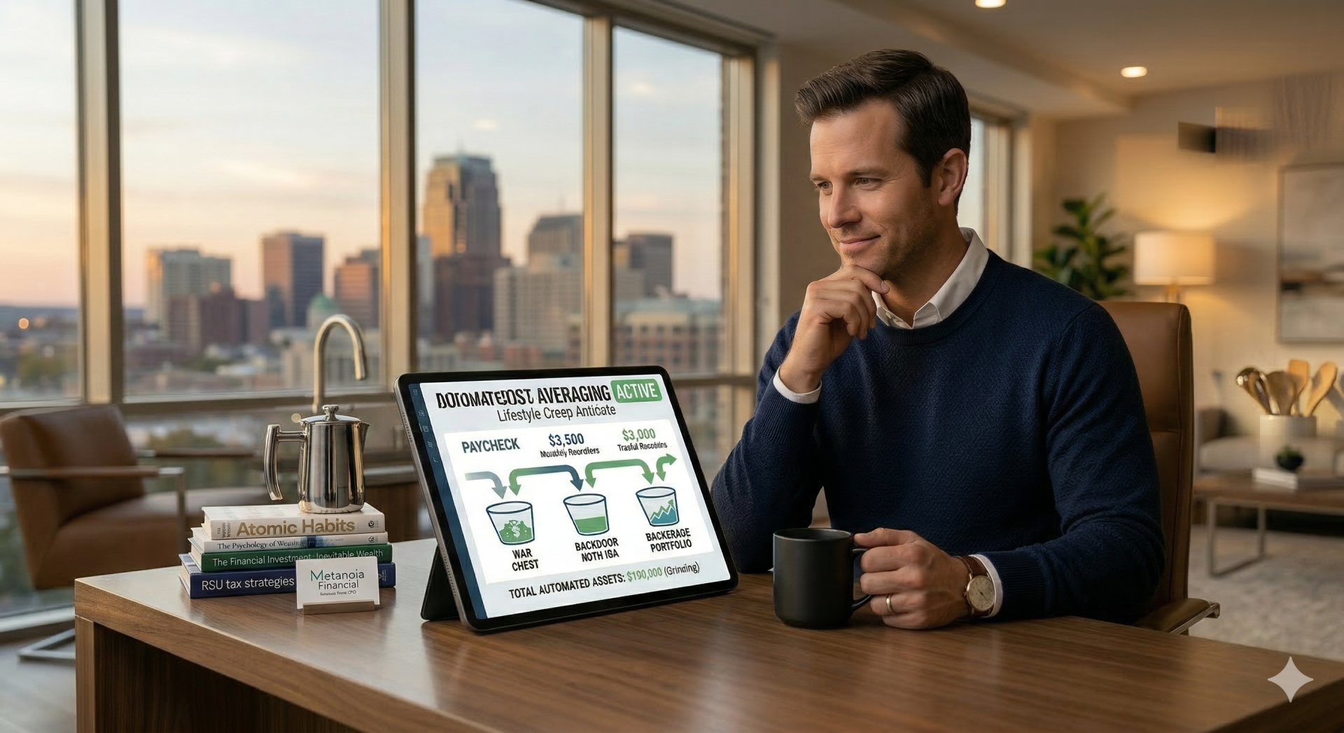 A confident professional reviewing an automated investment dashboard, illustrating the peace of mind created by a dollar cost averaging strategy.