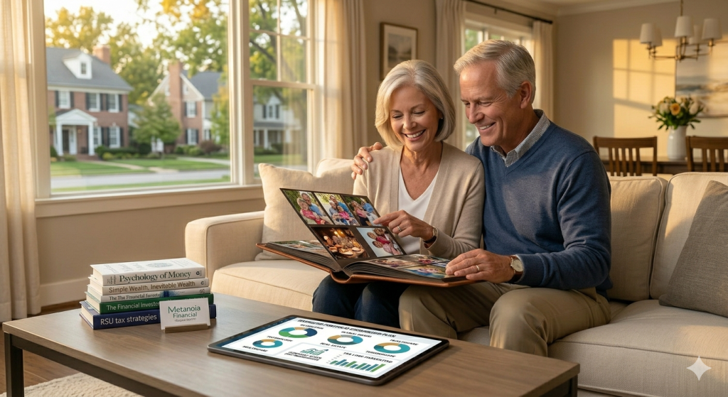 A retired couple smiling while reviewing family photos, representing the peace and purpose that comes with true financial stewardship and legacy planning.