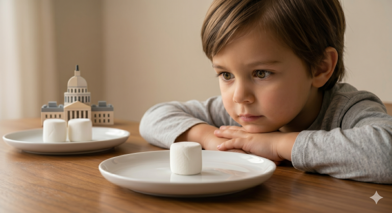 A close-up photograph of a child looking intently at a marshmallow, illustrating the psychological challenge of delayed gratification and compound wealth.
