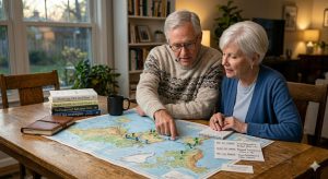 A retired couple reviewing a map together, representing a proactive plan for the three distinct phases of retirement spending.