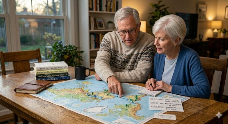 A retired couple reviewing a map together, representing a proactive plan for the three distinct phases of retirement spending.
