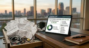 A disorganized pile of financial statements next to a clean, consolidated digital dashboard, illustrating the peace of mind that comes from consolidating retirement accounts.