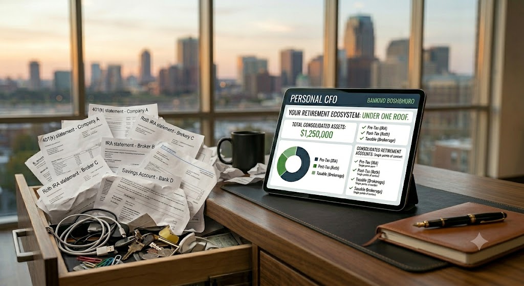 A disorganized pile of financial statements next to a clean, consolidated digital dashboard, illustrating the peace of mind that comes from consolidating retirement accounts.