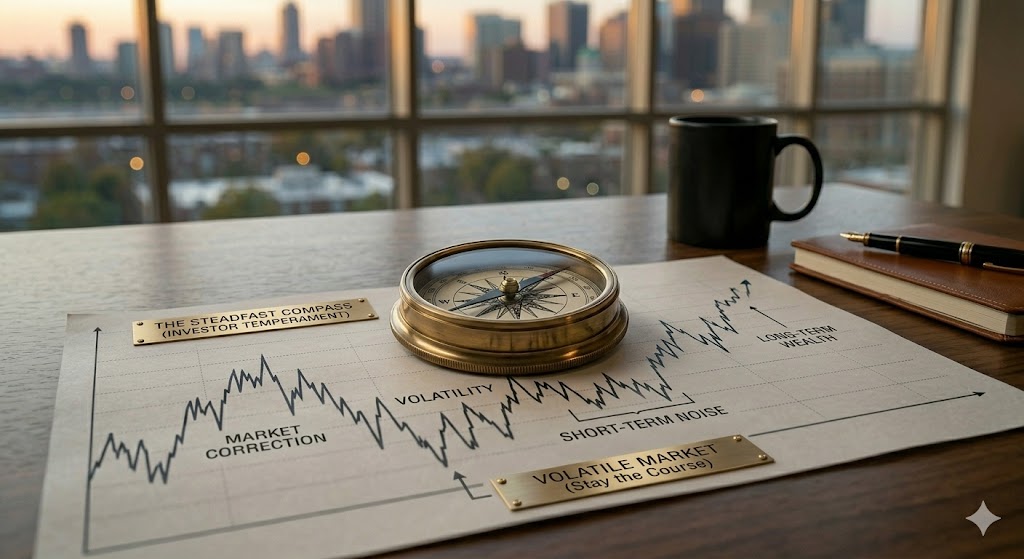 A conceptual photograph of a steadfast ship compass resting on a volatile financial chart, illustrating the steady investor temperament required to build long-term wealth.