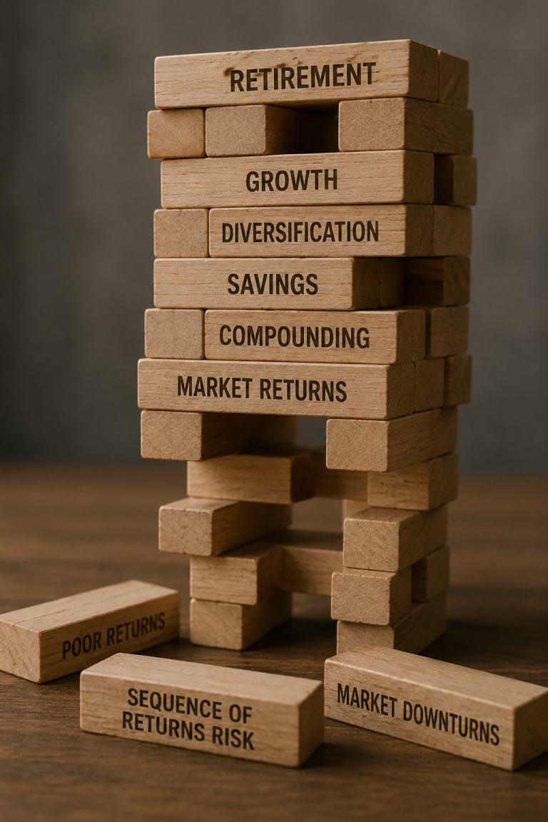 A conceptual photograph of a wooden block tower with foundational pieces removed, illustrating the structural danger of sequence of returns risk in a retirement portfolio.