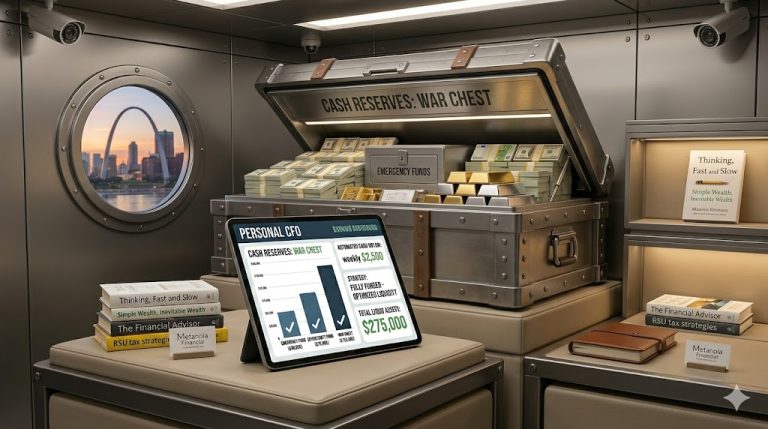 A detailed photo inside a prestigious private financial vault, representing a proactive cash management strategy. A massive storage unit labelled 'CASH RESERVES: WAR CHEST' holds neat stacks of multi-currency notes and gold bars.