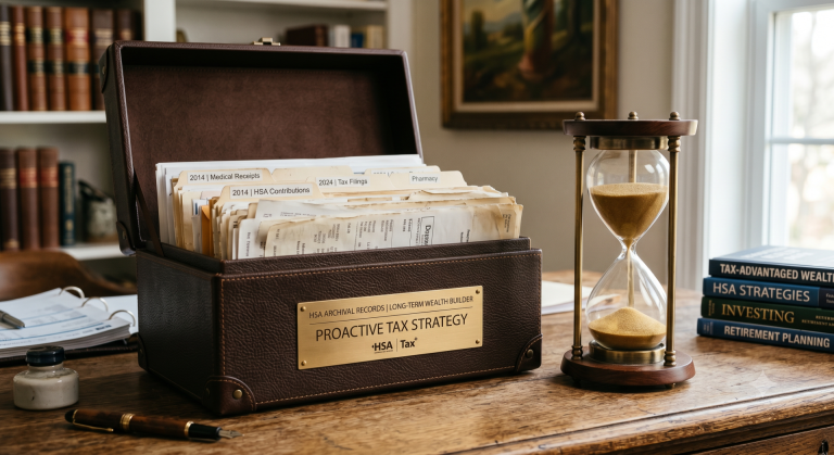 A premium leather archival box holding medical receipts next to an elegant hourglass, illustrating the long-term wealth-building power of a proactive HSA tax strategy.