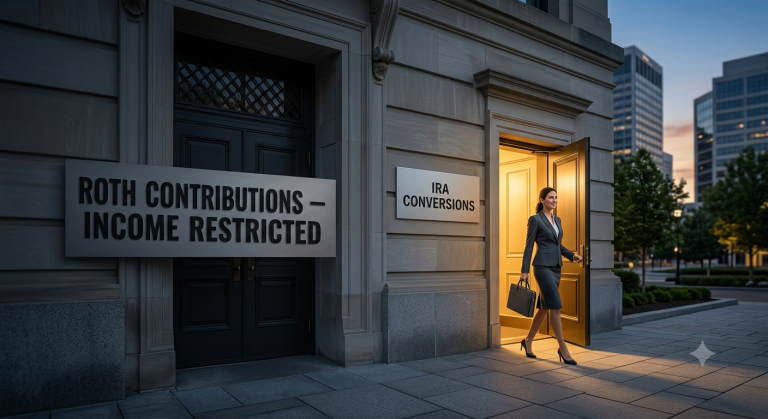 A conceptual image illustrating the Backdoor Roth IRA strategy: a confident professional in a business suit discreetly entering a prestigious, classical stone building through a side door labeled 'IRA Conversions,' having confidently bypassed the main, imposing front entrance marked 'Roth Contributions - Income Restricted'.