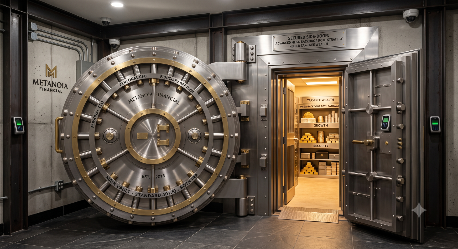 A secured secondary vault door opening, illustrating how high earners use a Mega-Backdoor Roth strategy to build tax-free wealth.