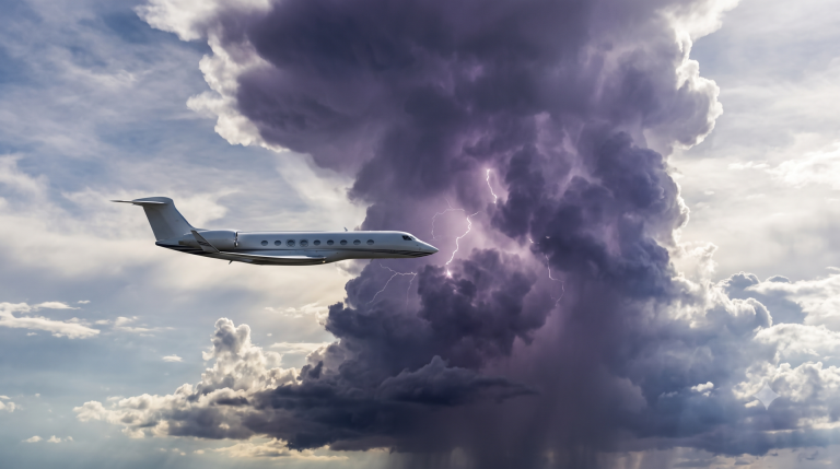 An airplane on autopilot navigating a storm, illustrating the hidden risks of relying on target date funds in retirement.