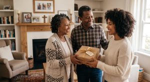A retired couple joyfully sharing a gift, illustrating the principles of biblical stewardship in retirement.