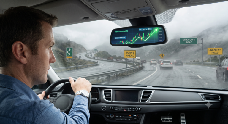 Looking in a rearview mirror, illustrating the dangers of chasing past performance instead of utilizing investment stewardship.