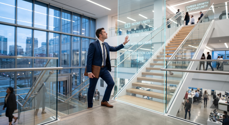 A high-earning professional encountering a glass wall, symbolizing the tax phase-out trap.