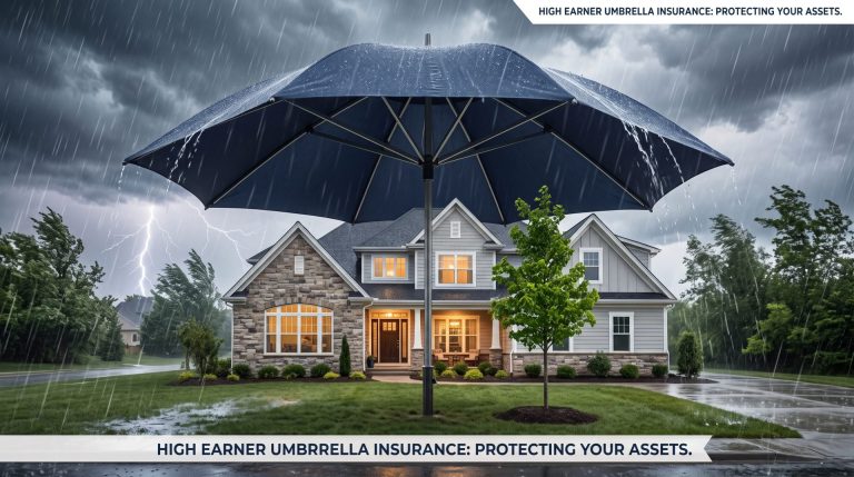 A sturdy umbrella protecting assets, illustrating the importance of umbrella insurance for high earners.