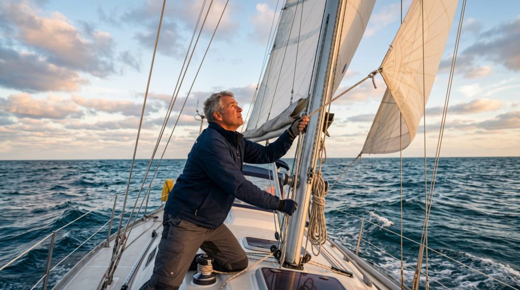 A sailor adjusting sails on a vessel, illustrating how dynamic withdrawal strategies help retirees adjust to changing markets.