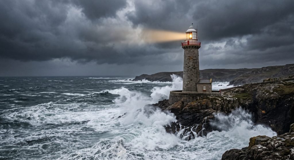 A lighthouse standing firm in a storm, illustrating the discipline required for navigating market volatility in retirement.