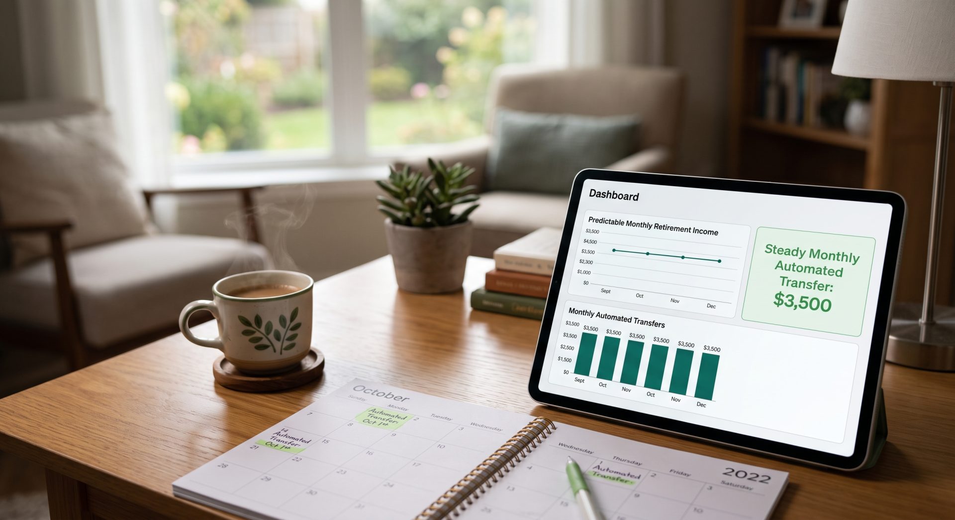 A quiet desk setup illustrating an automated retirement paycheck strategy providing predictable monthly income in retirement.